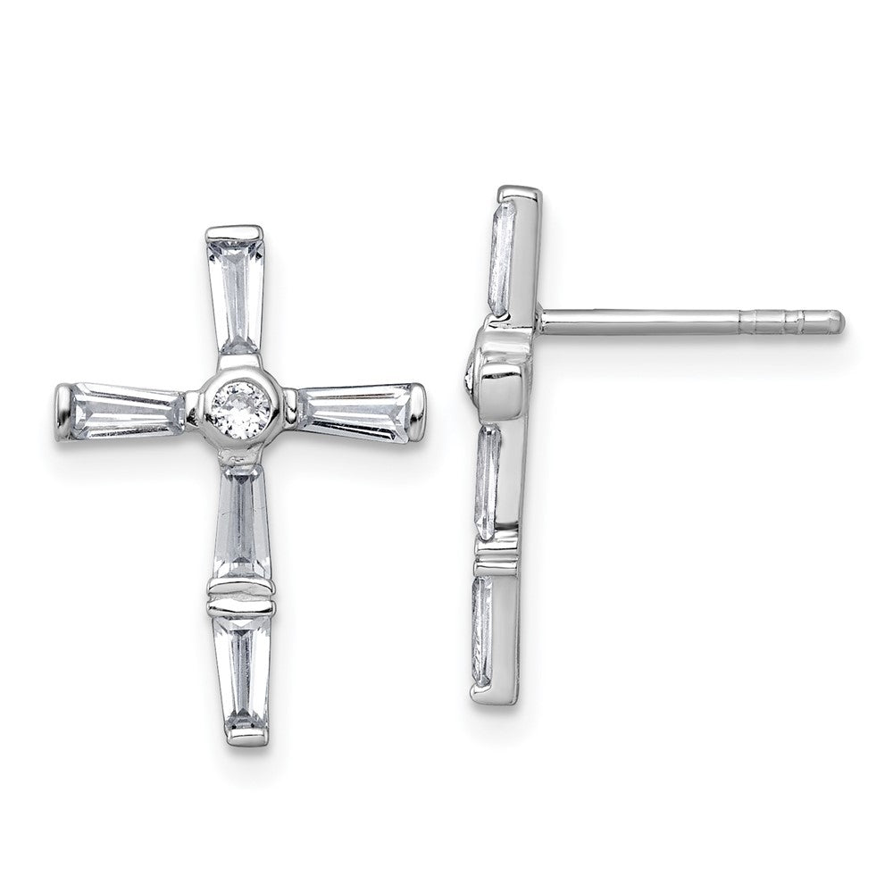 Sterling Silver Rhodium-plated Polished White Baguette CZ Cross Earrings