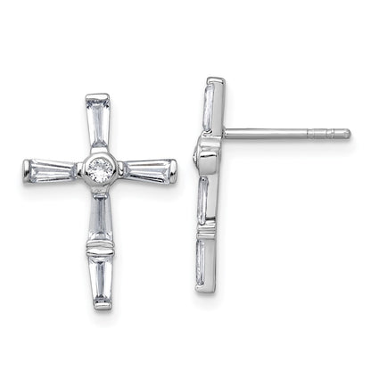 Sterling Silver Rhodium-plated Polished White Baguette CZ Cross Earrings