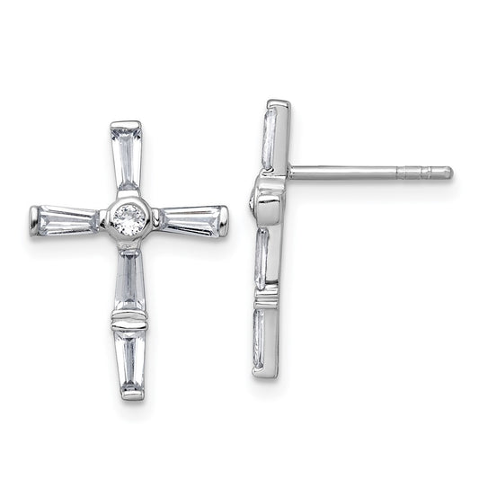 Sterling Silver Rhodium-plated Polished White Baguette CZ Cross Earrings