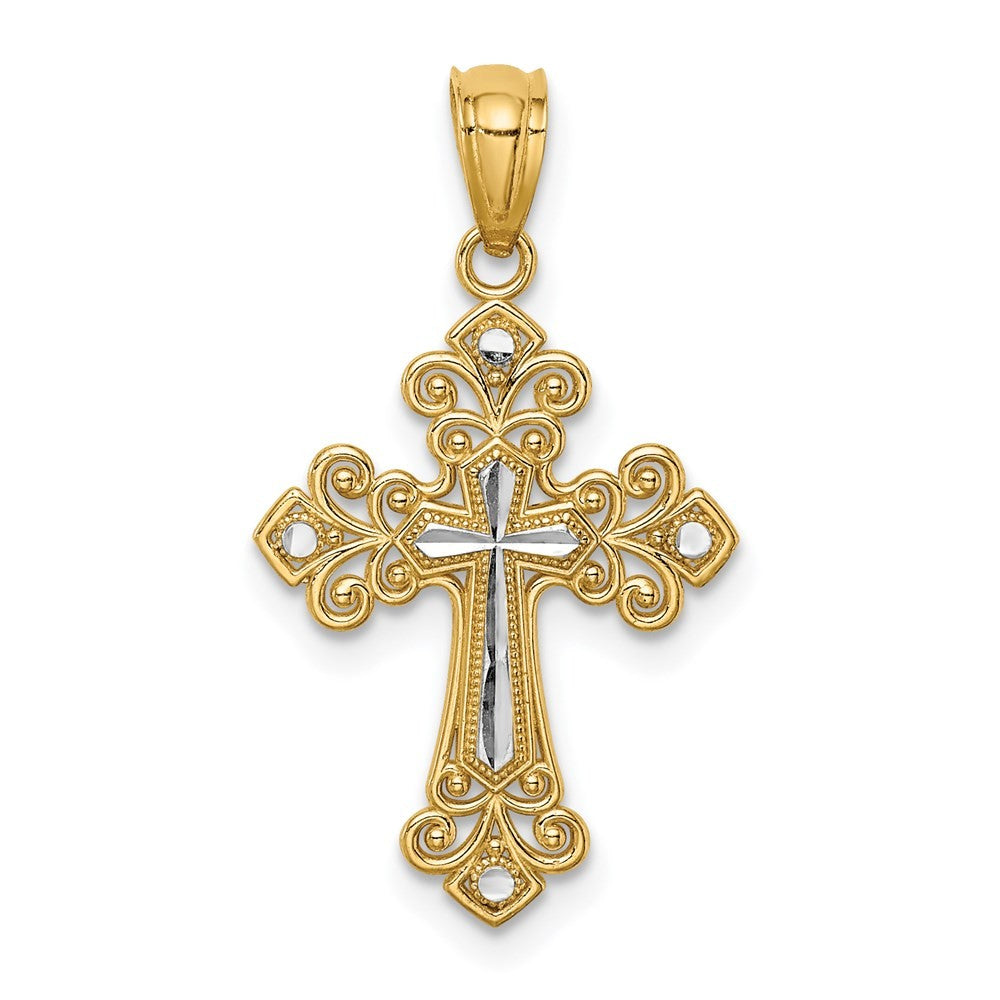 14k Yellow Gold White Rhodium Diamond-Cut Cross Pendant