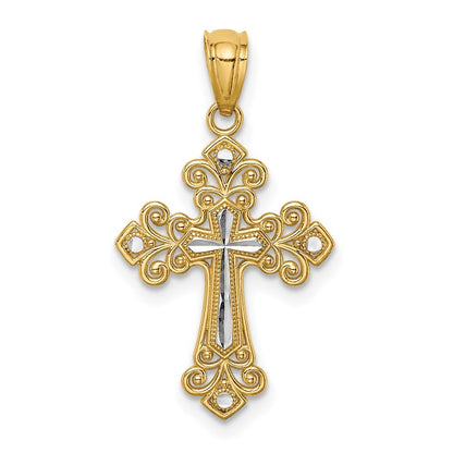 14k Yellow Gold White Rhodium Diamond-Cut Cross Pendant