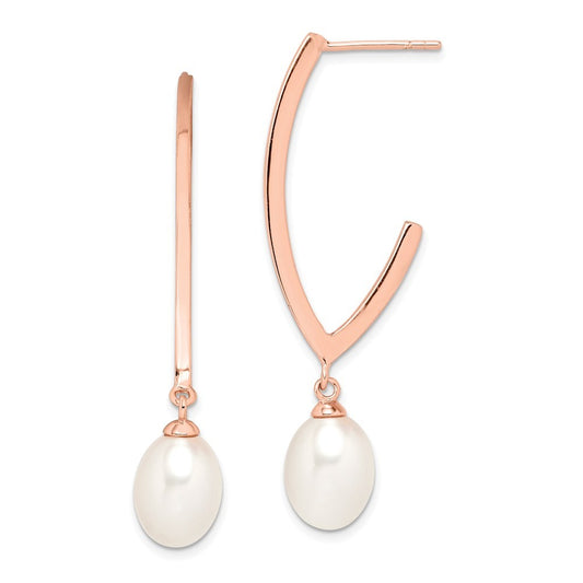 Sterling Silver Rose-tone 8-9mm Rice Freshwater Cultured Pearl Dangle Earrings
