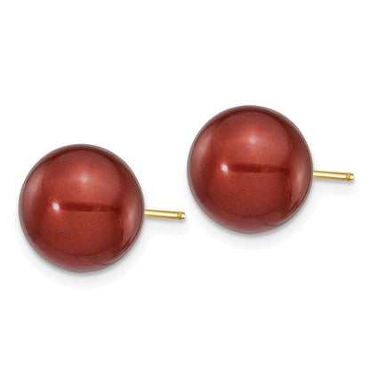 14k Yellow Gold 10-11mm Brown Round Freshwater Cultured Pearl Stud Earrings
