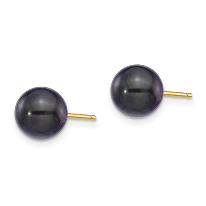 14k Yellow Gold 7-8mm Black Round Akoya Saltwater Cultured Pearl Post Earrings