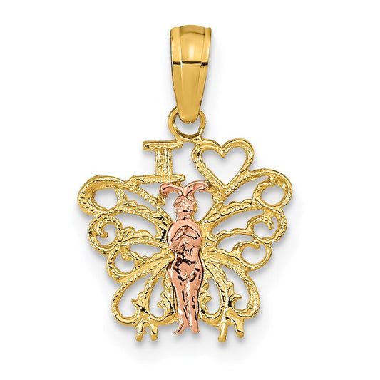 14k Two-tone Gold I HEART Butterfly Pendant for Women
