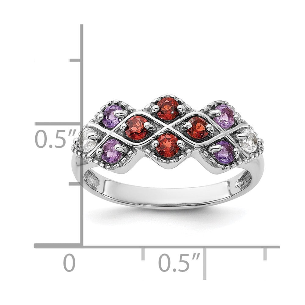 Sterling Silver Rhodium-plated Garnet Amethyst and White Topaz Ring Size 7