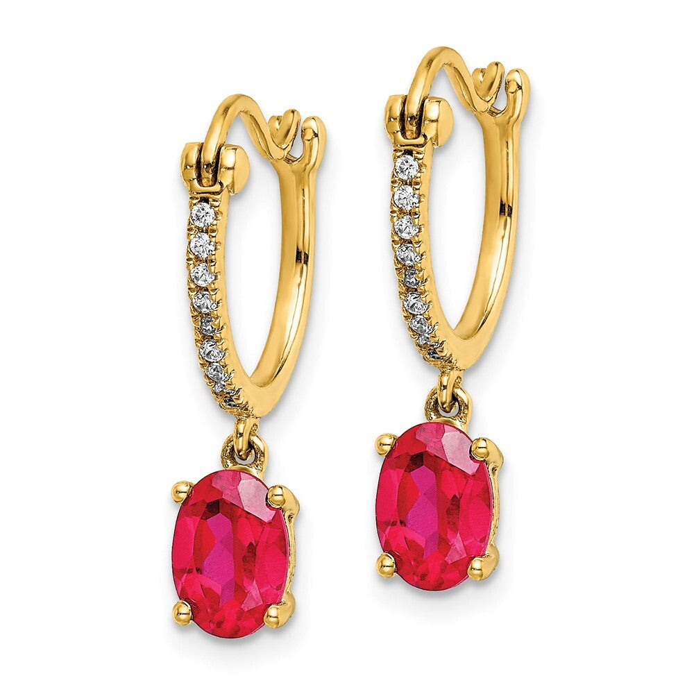 14k Yellow Gold 1/10ct Diamond and Ruby Dangle Hoop Earrings