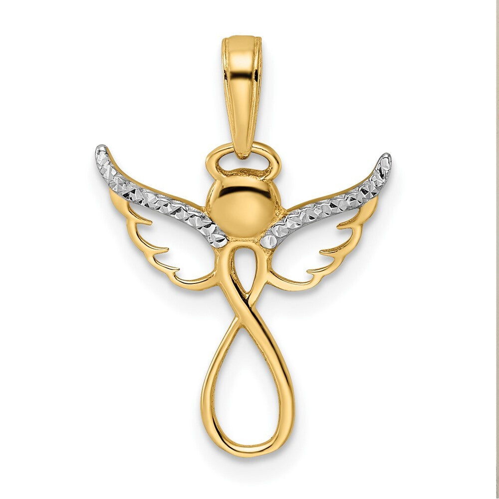 14k Yellow Gold White Rhodium Diamond-Cut Infinity Angel Pendant for Women