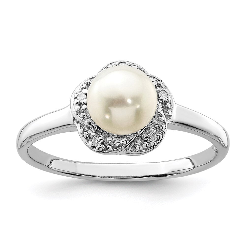 Sterling Silver Rhodium 6mm FW Cultured Button Pearl & Diamond Ring Size 7