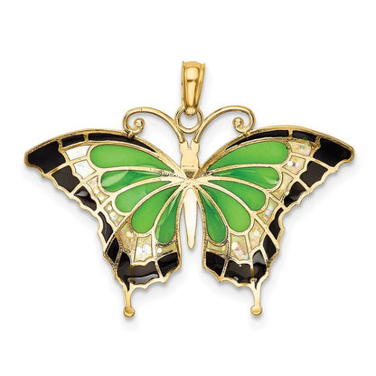 14k Yellow Gold Green Enameled Butterly Pendant for Women