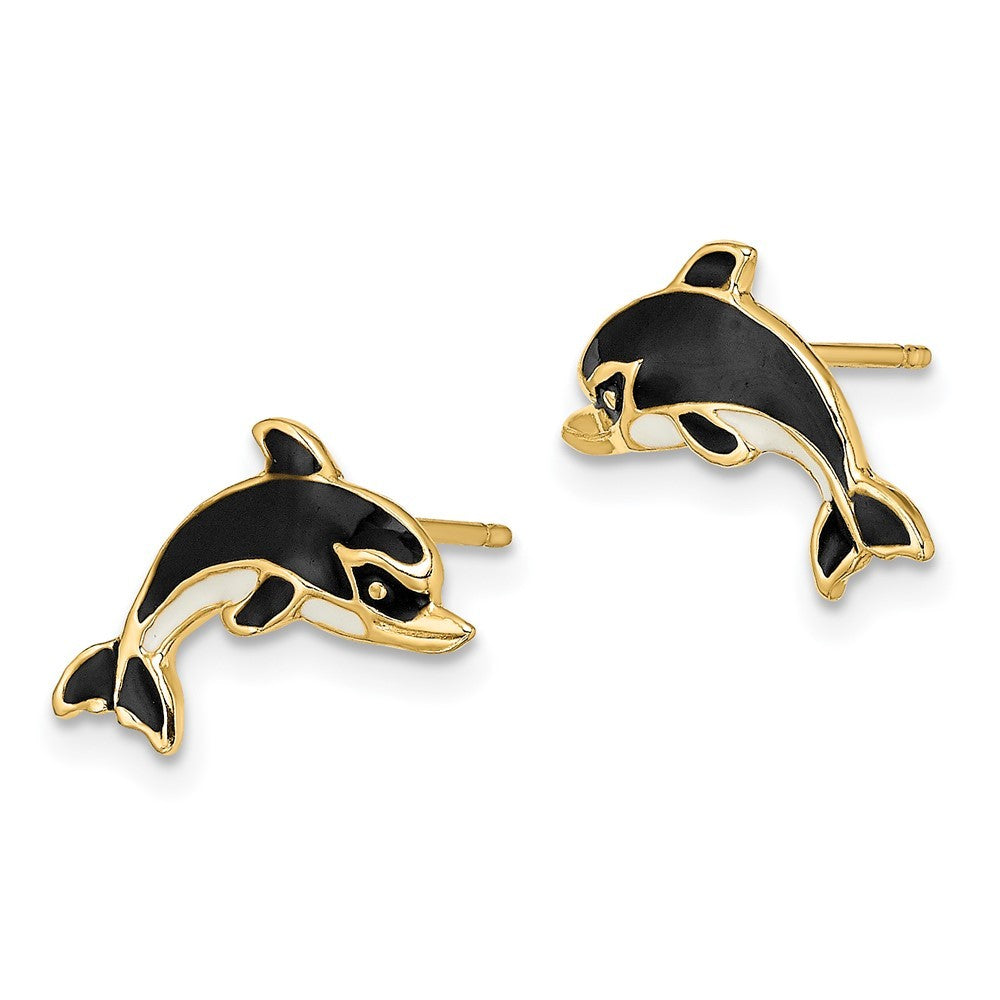 14k Yellow Gold White and Black Enamel Dolphin Earrings