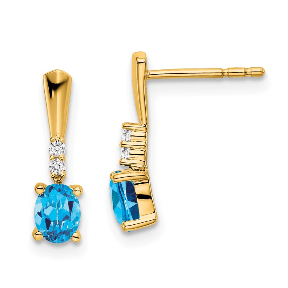 14k Yellow Gold Oval Blue Topaz and Diamond Dangle Earrings Gift for Women