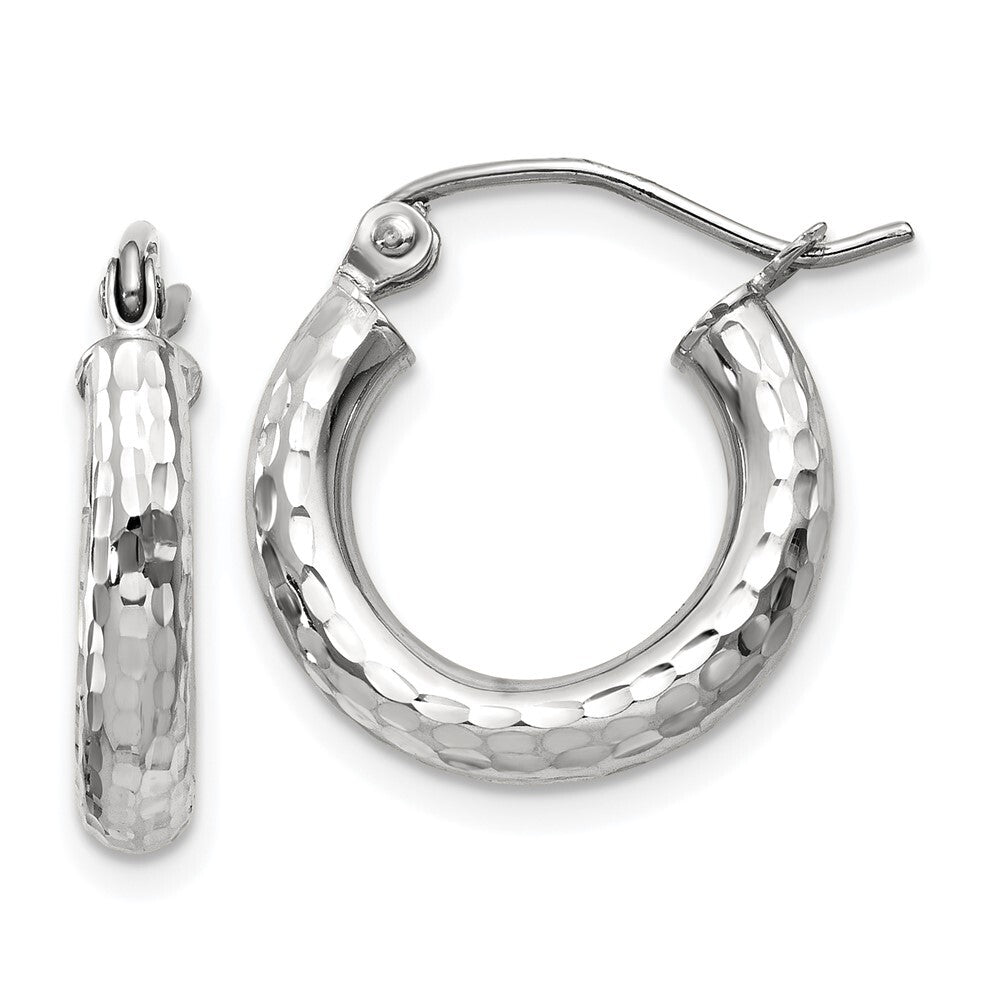 14k White Gold Diamond-cut 3mm Round Hoop Earrings Gift for Women