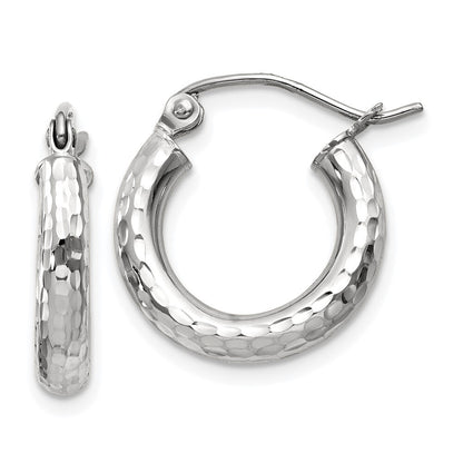 14k White Gold Diamond-cut 3mm Round Hoop Earrings Gift for Women