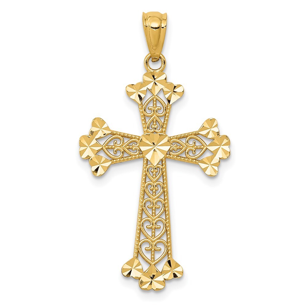 14k Yellow Gold Diamond-cut Polished Filigree Hearts Cross Pendant