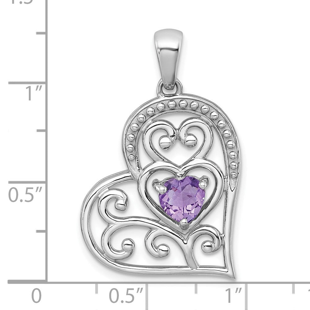 Sterling Silver Polished and Beaded Amethyst Filigree Heart Pendant