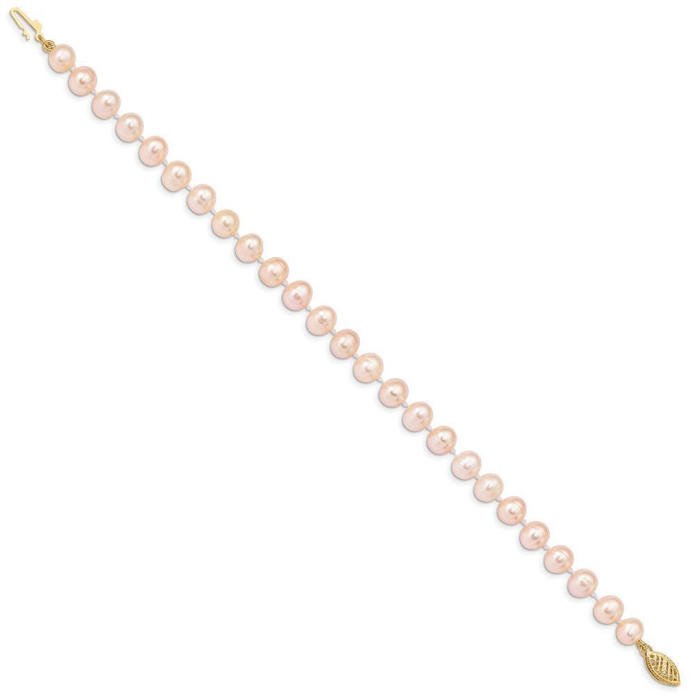 14k Yellow Gold 6-7mm Pink Near-Round Freshwater Cultured Pearl 7.5" Bracelet
