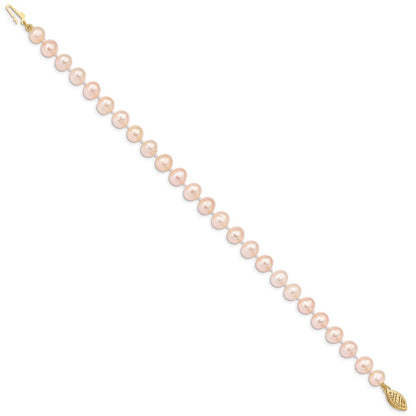 14k Yellow Gold 6-7mm Pink Near-Round Freshwater Cultured Pearl 7.5" Bracelet