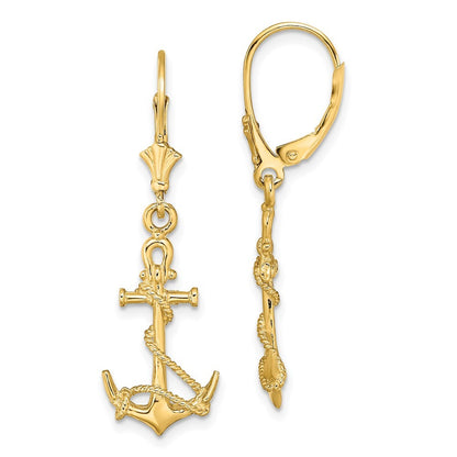 14k Yellow Gold 3-D Anchor W/ Shackle and Entwined Rope Drop Dangle Earrings