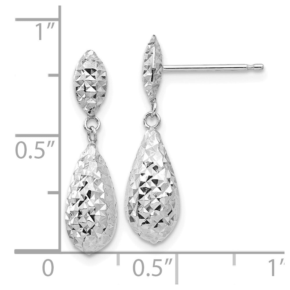 14k White Gold Diamond-cut Puff Teardrop Dangle Earrings Gift for Women