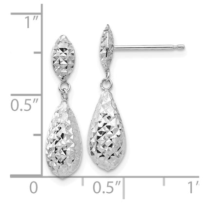 14k White Gold Diamond-cut Puff Teardrop Dangle Earrings Gift for Women