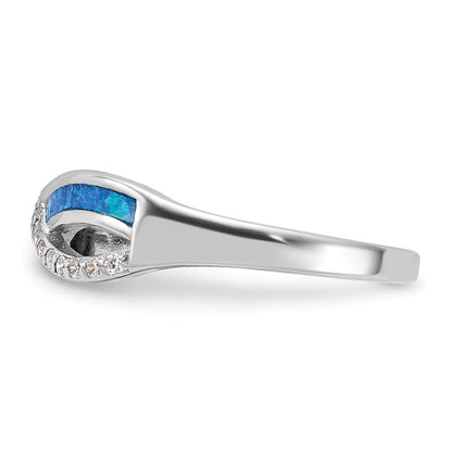 Sterling Silver RH-plated CZ and Blue Cr. Opal Inlay Infinity Symbol Ring Size 8