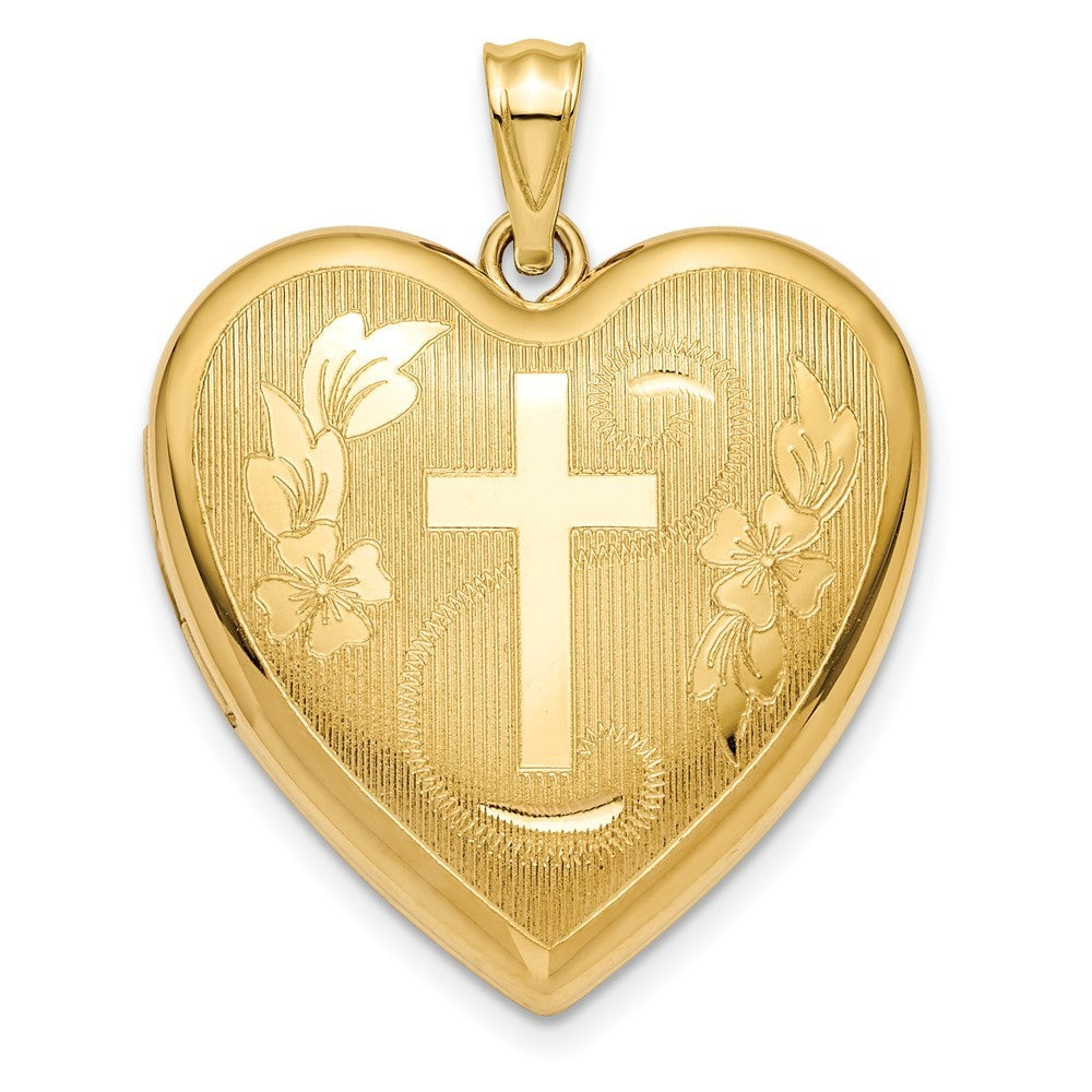 14k Yellow Gold Textured Diamond-cut Floral Cross Ash Holder 24mm Heart Locket