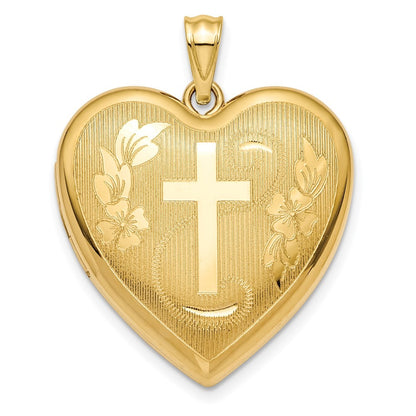 14k Yellow Gold Textured Diamond-cut Floral Cross Ash Holder 24mm Heart Locket