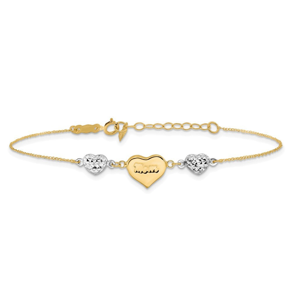 14K Two-tone Puffed MOM Heart and Diamond-cut Bead 7" Bracelet Plus 1" Heart Ext