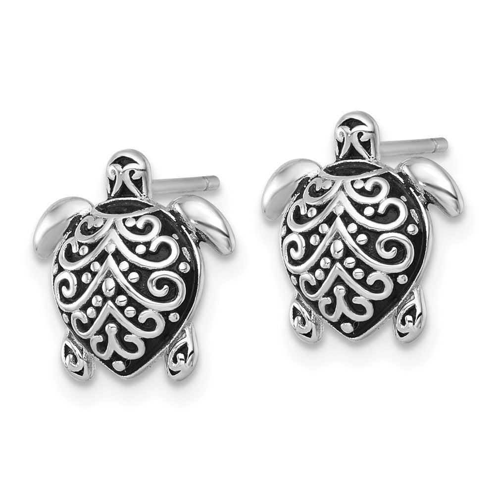 Sterling Silver Polished and Oxidized Filigree Hollow Turtle Earrings