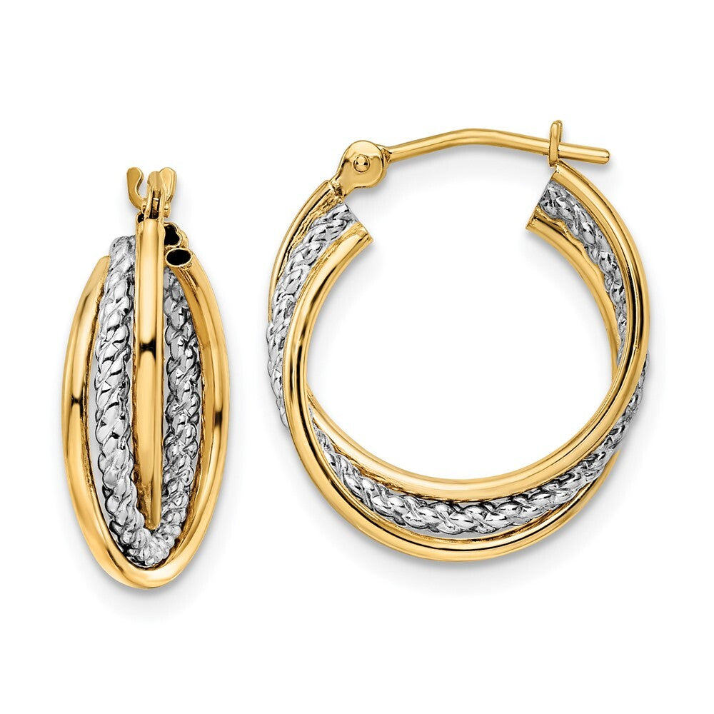 14k Yellow Gold White Rhodium Polished Textured Hoops Gift for Women