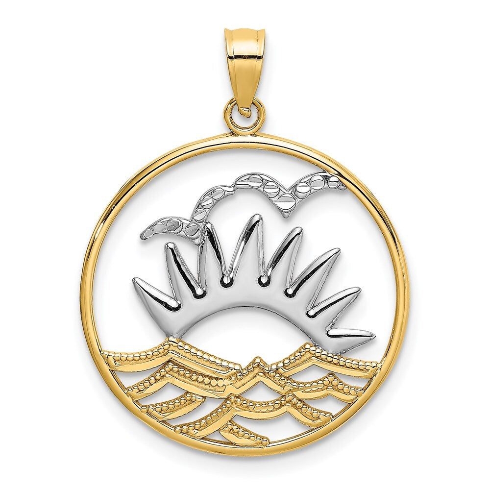 14k Yellow Gold /Rhodium Sunsetand Water In CircleCharm Pendant for Women