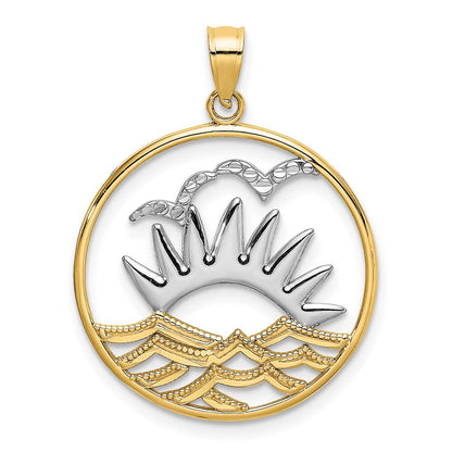 14k Yellow Gold /Rhodium Sunsetand Water In CircleCharm Pendant for Women