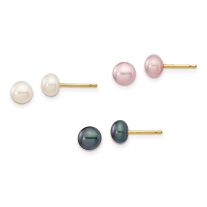14k Yellow Gold 5-6mm Multicolor Freshwater Cultured Pearl Earrings 3 Pair Set