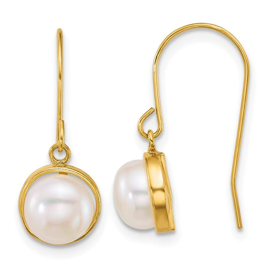 14k Yellow Gold 6mm Button Freshwater Cultured Pearl Drop Dangle Earrings