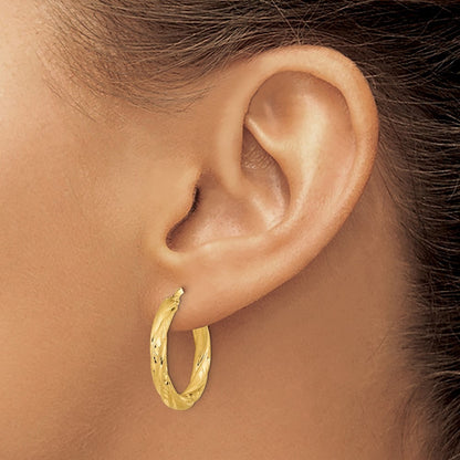 14k Yellow Gold 3mm Polished & Satin Diamond-Cut Hoop Earrings