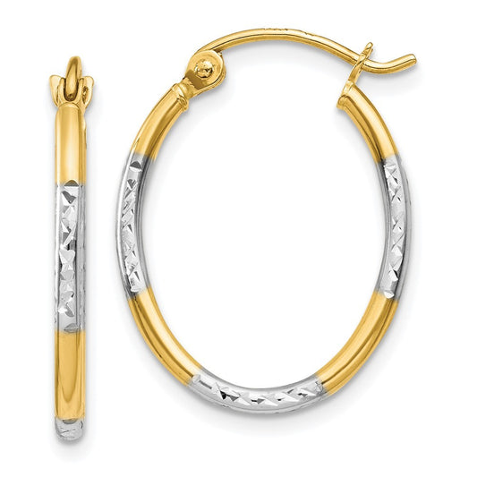 14k Yellow Gold w/White Rhodium Diamond Cut Oval Hoop Earrings