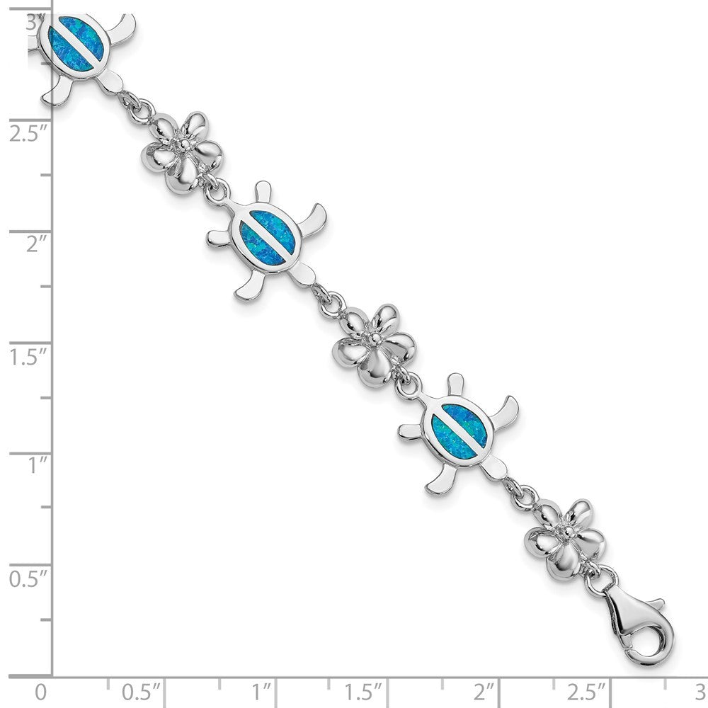 Sterling Silver Rhodium-plated  7" Created Blue Opal Tortoise Flower Bracelet