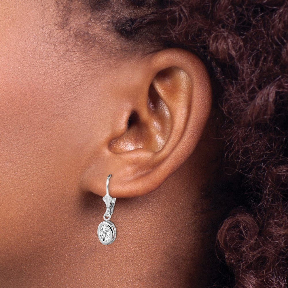 Sterling Silver Rhodium Plated 7x5mm Oval Cubic Zirconia Leverback Earrings