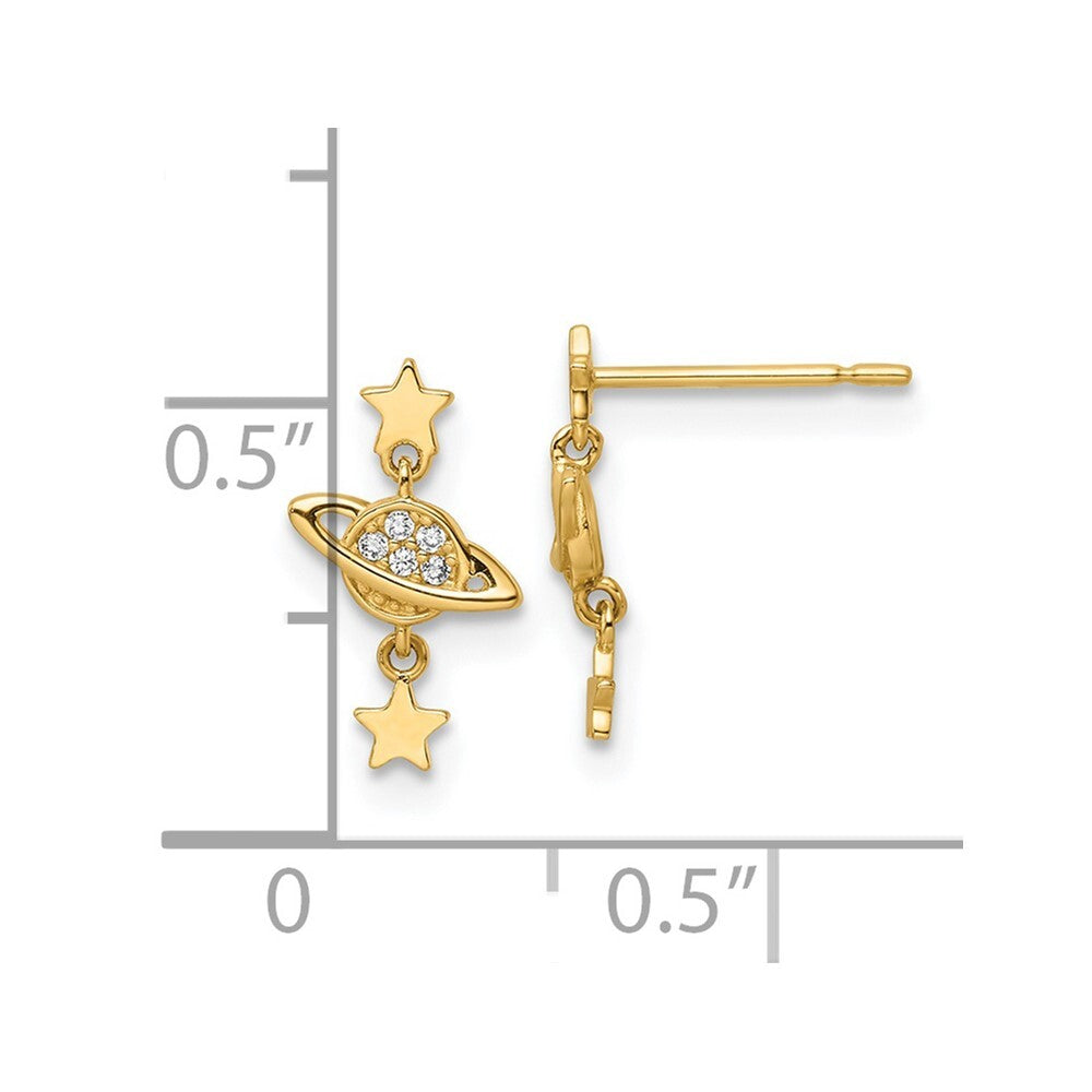 14k Yellow Gold Cubic Zirconia Saturn & Stars Dangle Earrings Gift for Women