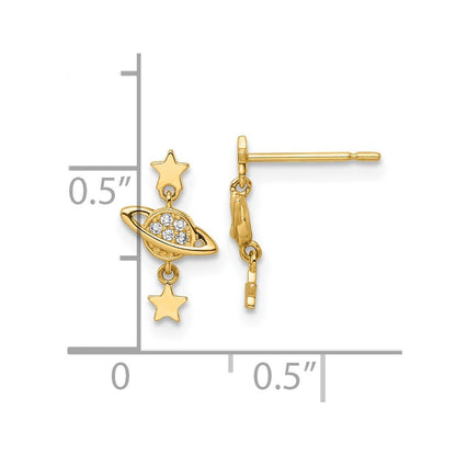 14k Yellow Gold Cubic Zirconia Saturn & Stars Dangle Earrings Gift for Women