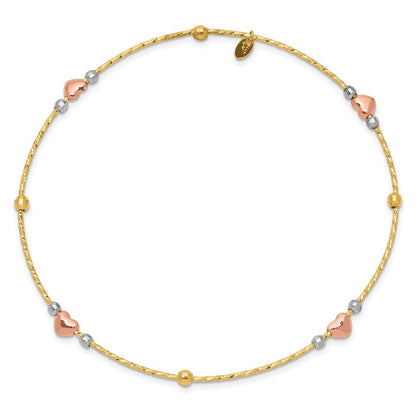 14k Tri-color Diamond-cut Hearts and Beads Slip-on Round Bangle Bracelet