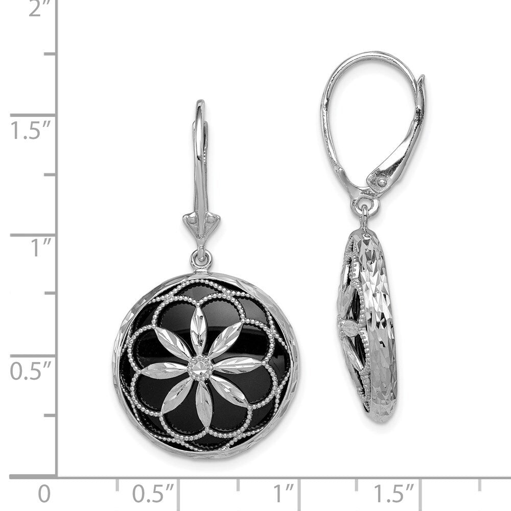 Sterling Silver Beaded Filigree Diamond Cut Starburst Onyx Dangle Earrings