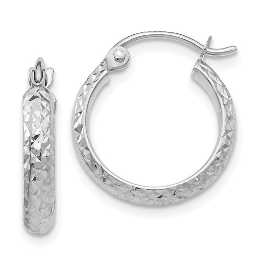 14K White Gold Diamond-cut 2.8x15mm Hollow Hoop Earrings Gift for Women