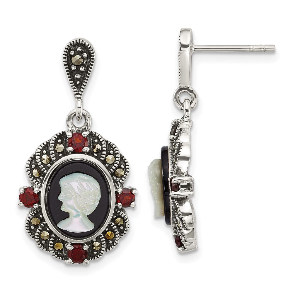 Sterling Silver Marcasite Garnet Agate and Mother of Pearl Cameo Dangle Earrings