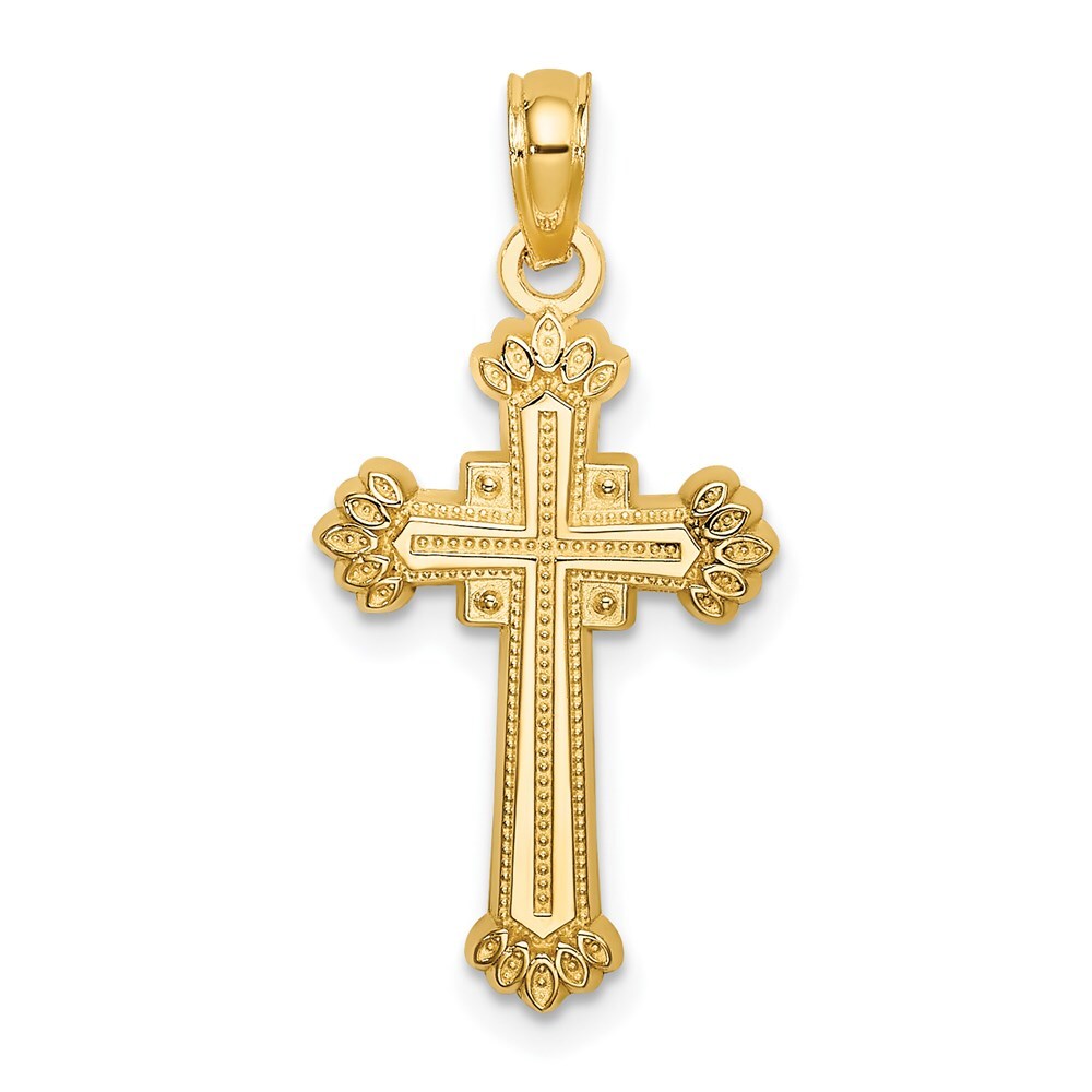 14k Yellow Gold Textured Leaves On Edges Cross Charm Pendant for Women