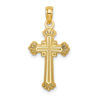 14k Yellow Gold Textured Leaves On Edges Cross Charm Pendant for Women