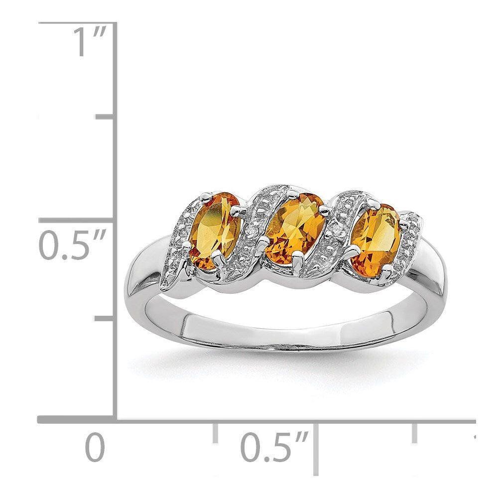Sterling Silver Rhodium 3 Stone Citrine & Diamond Ring Size 8