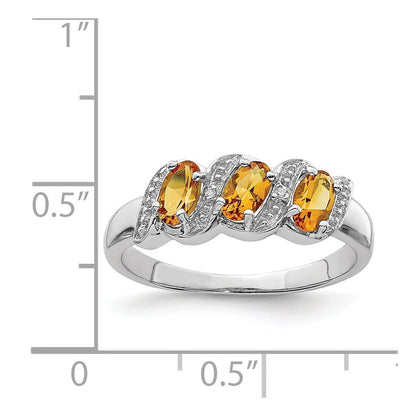 Sterling Silver Rhodium 3 Stone Citrine & Diamond Ring Size 8