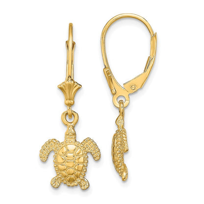14k Yellow Gold 3-D Polished Mini Sea Turtle Drop Dangle Earrings